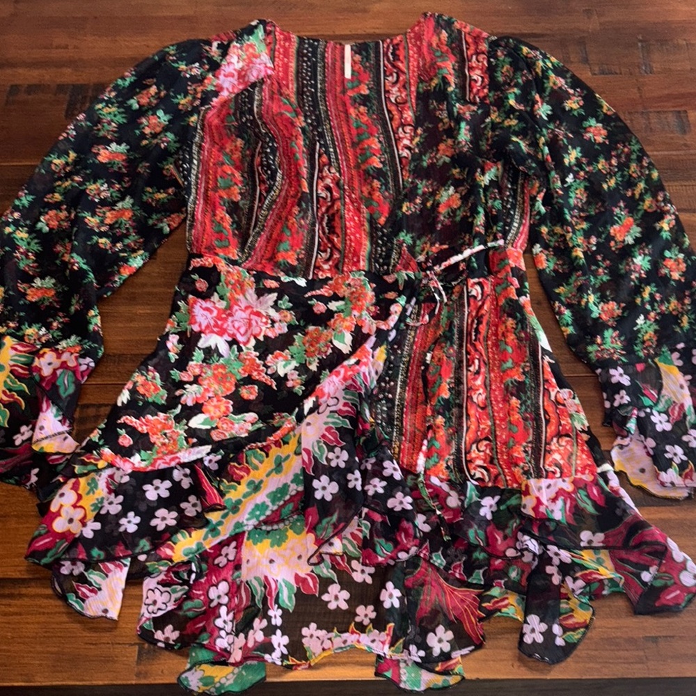 Free People Black Floral Mix Print Peplum Blouse